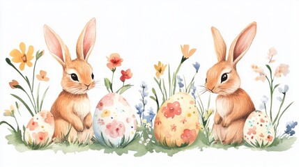 Fototapeta premium Adorable easter bunnies sitting next to a decorated egg, creating a charming easter scene