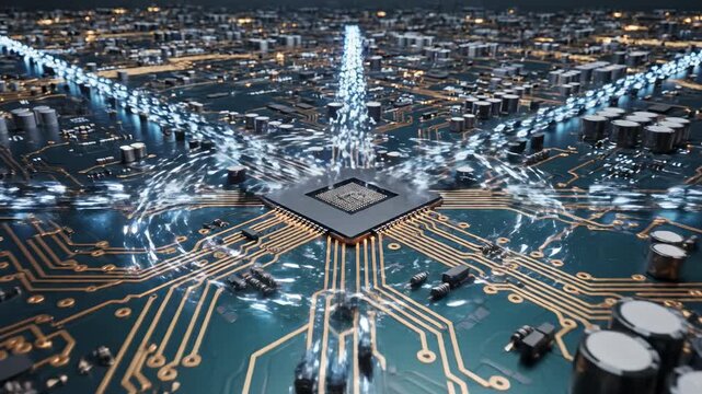 Simulated aerial view of automated vehicles traveling along predetermined paths on a circuit board landscape symbolizing massive strategic data deployment drone, algorithm, digital