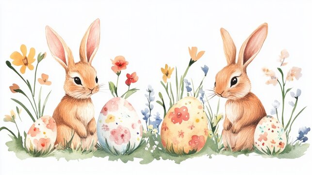 Adorable easter bunnies sitting next to a decorated egg, creating a charming easter scene