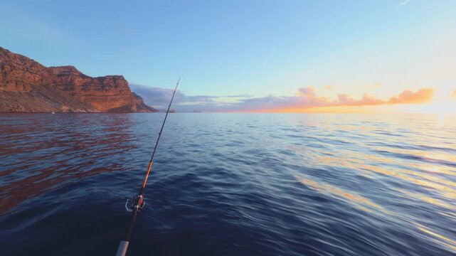 Serra Gelada Benidorm sunrise fishing boat with rod on calm Mediterranean