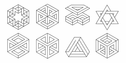 Optical illusions featuring geometric shapes and impossible constructions