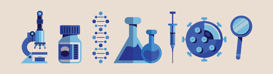Obraz premium Scientific Laboratory Vector Icon Set. DNA Helix, Medicine Bottle, Flasks, Syringe, Virus Cell, and Magnifying Glass for Medical Research, Biotechnology, and Healthcare Design Concepts