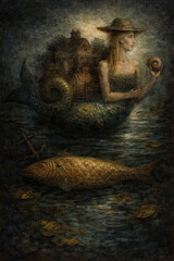 Surreal oil painting depicting a mythical mermaid holding a seashell, with a small village resting on her fish tail. Symbolic fantasy artwork combining mythology, memory, home and passage of time. 