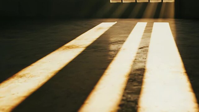 Sunlight beams creating strong parallel lines and shadows on an empty concrete floor, symbolizing hope, freedom, and new opportunities in a dark, confined interior space