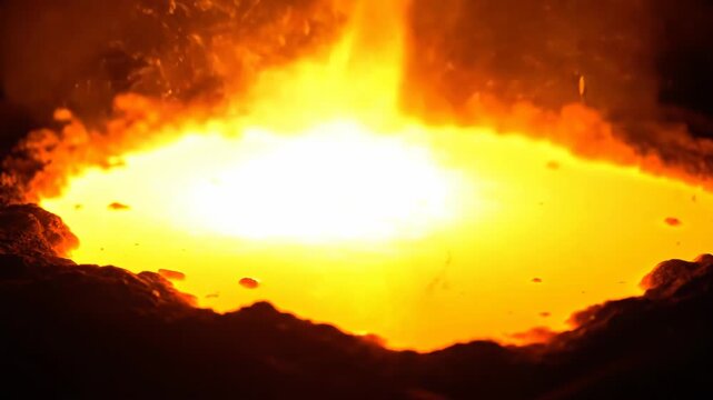 Molten metal glows intensely within a furnace. Intense heat and light emanate from the fiery crucible.