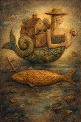 Surreal oil painting depicting a mythical mermaid holding a seashell, with a small village resting on her fish tail. Symbolic fantasy artwork combining mythology, memory, home and passage of time. 