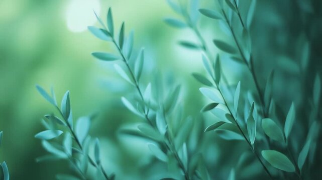 Delicate green leaves forming a natural pattern on slender branches, creating a serene and fresh botanical background with soft light and a gentle blur