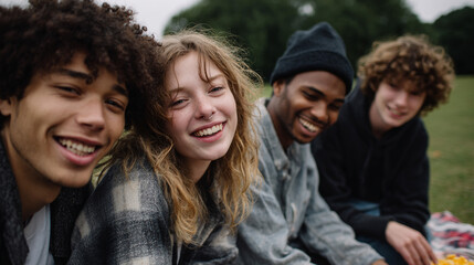 Obraz premium A group of friends of different genders enjoy outdoors communication. 