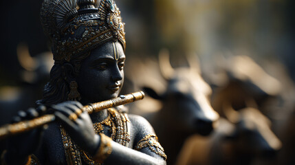 Obraz premium Krishna playing flute beside sacred cows, detailed dark stone statue with golden ornaments, spiritual hindu deity concept for devotion art, temple decor, festival design, cultural heritage themes