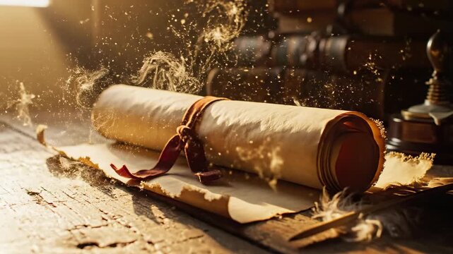 Sunbeam illuminates fine dust motes drifting lazily above a rolled-up antique paper scroll centered on an aged, distressed wooden study desk motes, epic, concept