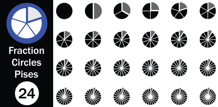 Fraction circle icons. Circle divided into parts from 1 to 24. Fraction pie divided into pieces. Pie part or pizza slice. Black round chart for infographic, vector illustration.