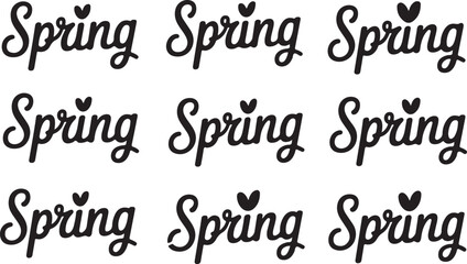 Black spring text with heart accents on white background lettering calligraphy