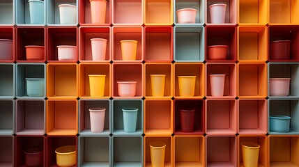 Colorful cubed shelves with vases