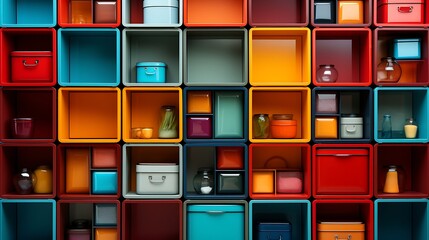 Colorful cubed shelving with various items