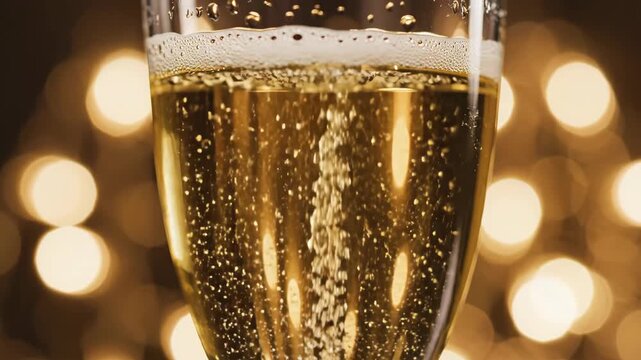 Close up of sparkling champagne bubbles rising in a glass of golden beverage with blurred lights. Celebration drink.