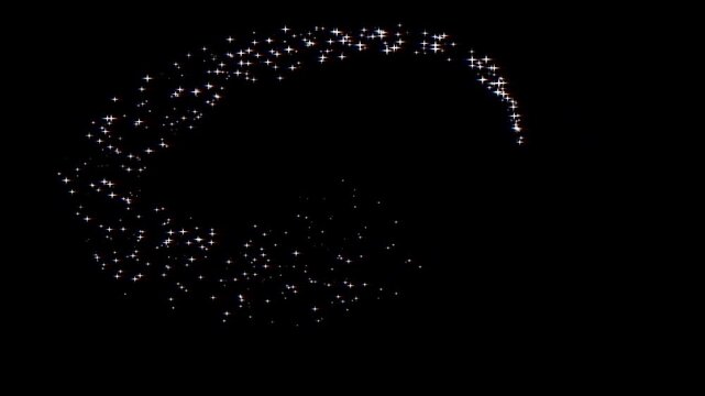 4k White Magic Glitter Particle Trail with Twinkling Stars, Elegant Fairy Dust Shimmer Line, Glowing Stardust Motion, Sparkling Star, Romantic Wedding Light Streaks on Black Background Loop.