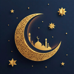 Naklejka premium Ornate golden crescent moon with geometric patterns and mosque silhouette on dark background. Artistic Islamic design for Ramadan Kareem and Eid Mubarak festive decorations.