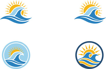Obraz premium Ocean wave and sunrise logo set representing summer beach sea travel nature flat vector illustration modern design