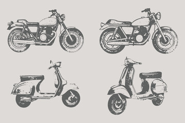 Obraz premium Bike and scooter bike set in y2k collage design style illustration. Halftone stipple effect bike for creative design. Brutalist noisy retro photocopy background. Eps 10