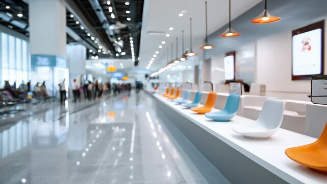 Hightraffic waiting zone showing a clean checkin desk sharply in focus surrounded by blurred modern seating and scanner wayfinding elements.