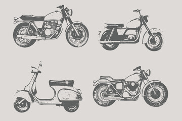 Obraz premium Halftone stipple effect style Bike and scooter bike set vector illustration. photocopy effect and grunge stippling texture. Y2K collage design for posters and t-shirts. Eps 10