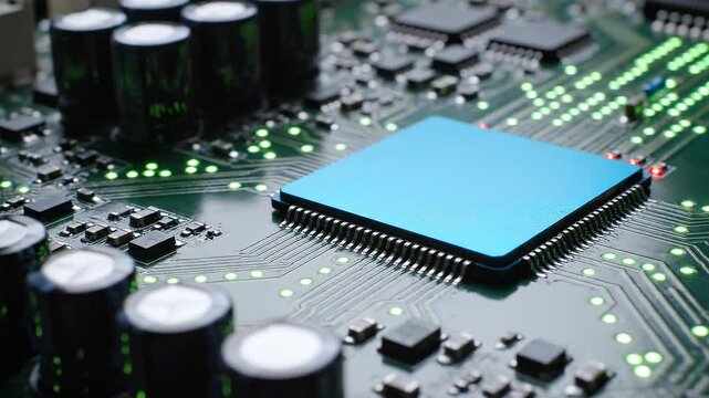 Close-up of a blue microprocessor on a green circuit board with various components and green lights in the background, used for technology or computer hardware advertising