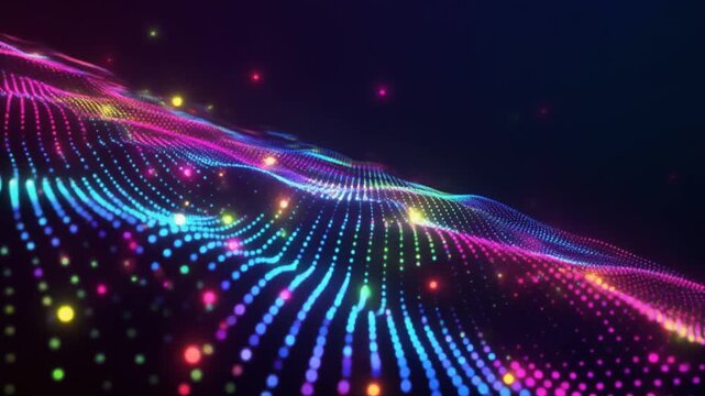 Colorful digital wave pattern with glowing dots and lines on a dark background, possibly used for technology or music visual effects