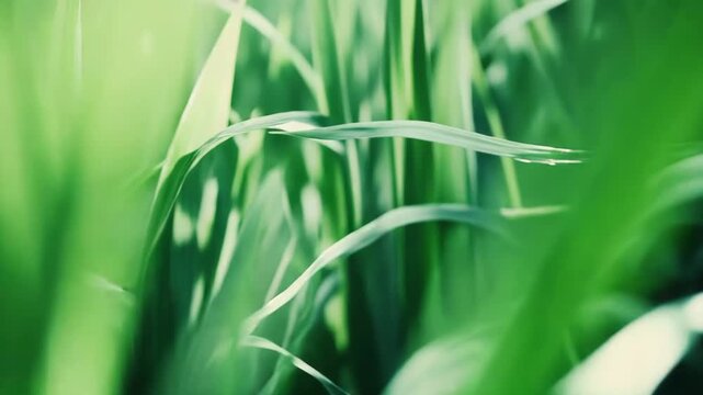 Lush green grass leaves creating a natural background, illuminated by sunlight filtering through the foliage, evoking freshness, growth, and revitalizing organic energy