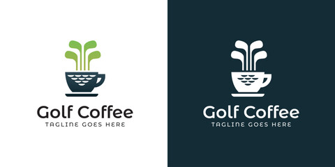 Golf Coffee Logo Design with Cup and Leaf Symbol