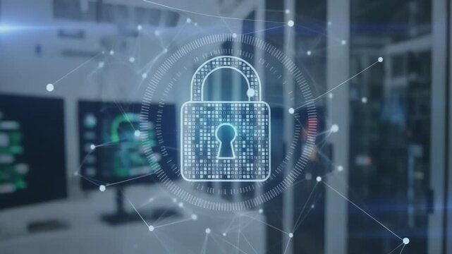 Cyber security concept with padlock on computers in server room background