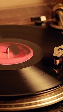 Close-up of a spinning vinyl record on a turntable with a red label
