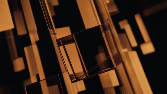 Abstract composition featuring an array of translucent rectangular and square shapes reflecting warm light, creating a dynamic background for concepts like technology, data, and digital innovation