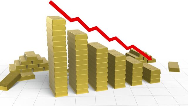 Economic Recession Concept with Stacks of Gold Bars and Declining Red Arrow