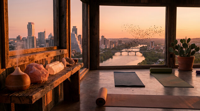 Mindful Retreat: Calm Indoor Yoga Space with City View and Natural Elements
