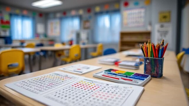 Schoolbased vision therapy room medium shot highlighting a childfriendly station with vision training charts and tools the focal point clear against a softly blurred classroom.