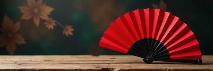 Elegant red & black flamenco fan, rustic wood table , art, vintage