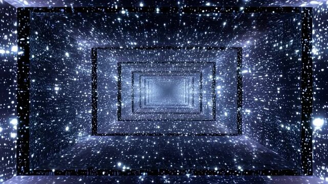 Glowing blue tunnel with sparkling particles and rectangular shapes in space