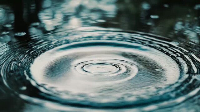 Water drop splashes on still liquid surface, creating a beautiful crown effect and concentric circular ripples, symbolizing impact, freshness, environmental concerns, or cause and effect