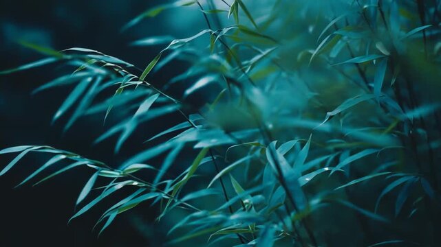 Delicate bamboo foliage with slender branches displaying fresh teal leaves against a dark, blurred background, evoking a sense of tranquility and natural harmony