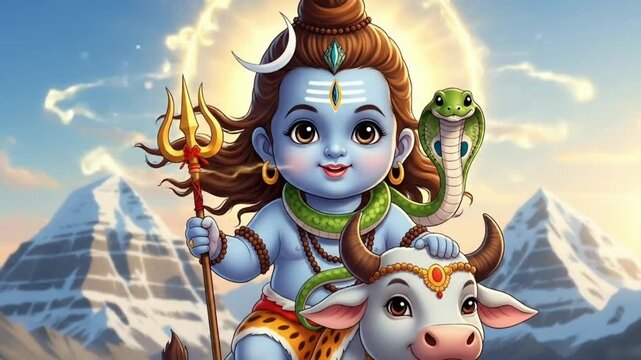 Animated depiction of child Shiva with flowing motion riding Nandi as spiritual energy moves across Himalayan background inspired by Maha Shivratri