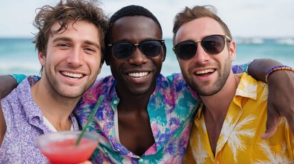 Three young adult males enjoying beach vacation with tropical drinks and sunglasses