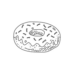 Hand Drawn Donut Illustration Outline Style. Doodle Bakery Dessert Sketch. Black and White Donut Drawing Isolated on White. Food Icon for Menu Sticker Packaging Design
