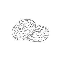 Hand Drawn Donut Illustration Outline Style. Doodle Bakery Dessert Sketch. Black and White Donut Drawing Isolated on White. Food Icon for Menu Sticker Packaging Design
