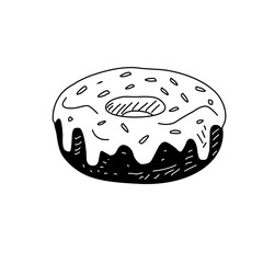 Hand Drawn Donut Illustration Outline Style. Doodle Bakery Dessert Sketch. Black and White Donut Drawing Isolated on White. Food Icon for Menu Sticker Packaging Design
