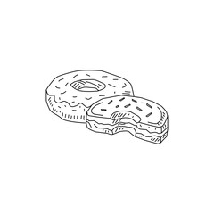 Hand Drawn Donut Illustration Outline Style. Doodle Bakery Dessert Sketch. Black and White Donut Drawing Isolated on White. Food Icon for Menu Sticker Packaging Design
