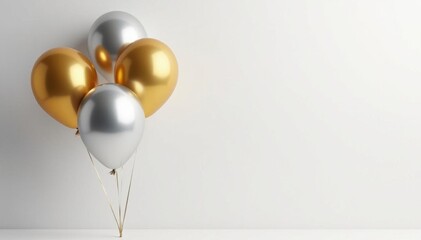 Elegant silver and gold balloons float against pure white background , glossy, celebratory, design