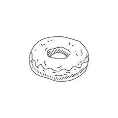 Hand Drawn Donut Illustration Outline Style. Doodle Bakery Dessert Sketch. Black and White Donut Drawing Isolated on White. Food Icon for Menu Sticker Packaging Design
