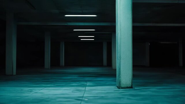 Empty urban basement parking garage interior featuring a long row of illuminated fluorescent lights on the ceiling and strong concrete pillars creating a sense of depth