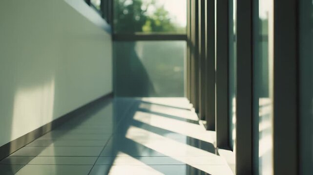 Sunlight streams through a window, creating strong, elongated shadows on the glossy tiled floor of a clean, minimalist hallway, symbolizing progress and a clear path forward