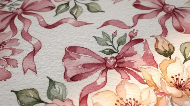 Subtle gradient light shifting across an elegant, static watercolor pattern composed of stylized pink bows and soft, painted floral elements pastel, minimalist, loop